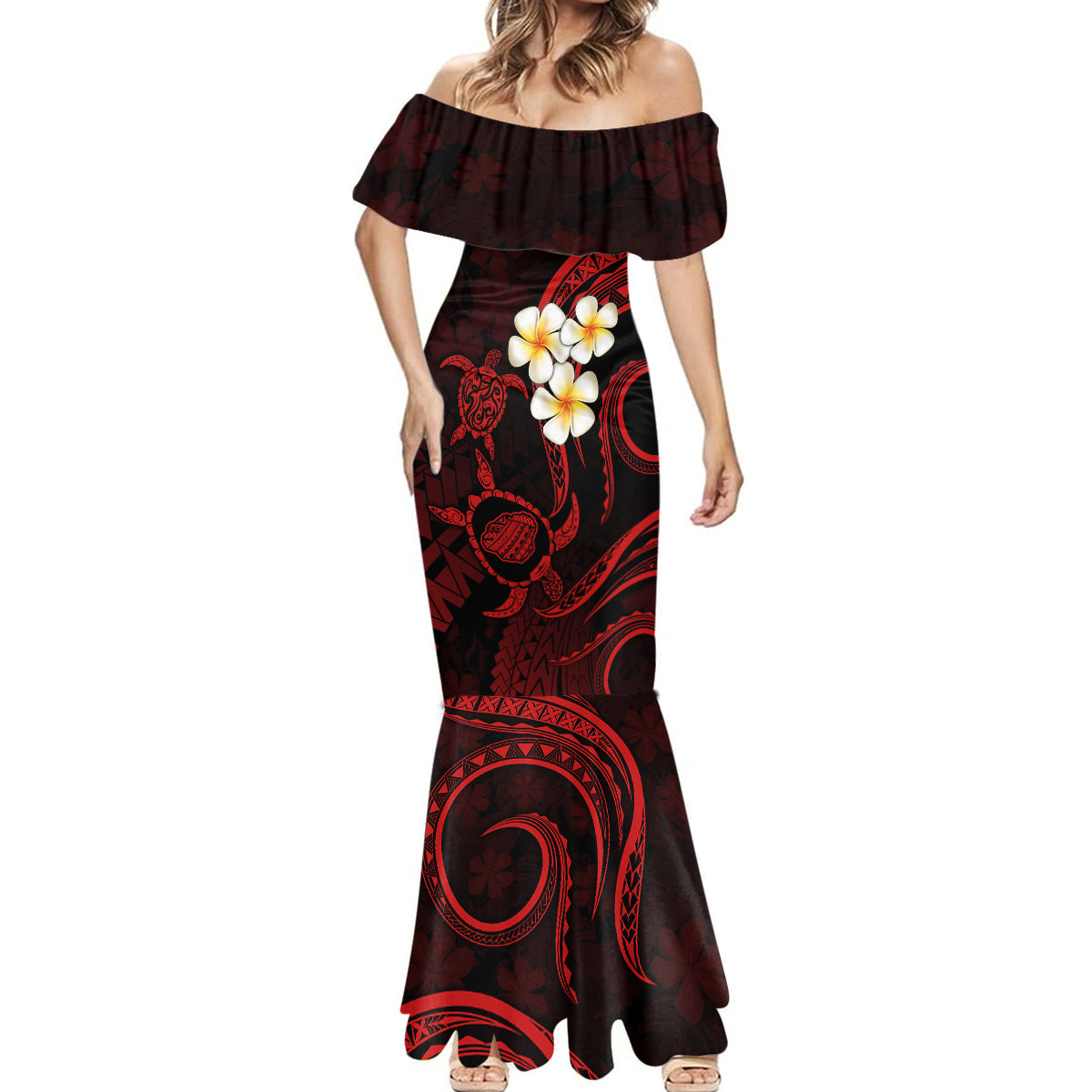 Polynesian Hawaii Mermaid Dress Kauai Islands with Pacific Plumeria Red Vibe - Wonder Print Shop
