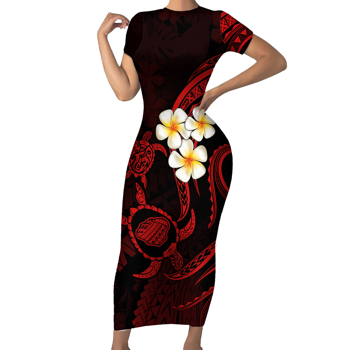 Polynesian Hawaii Short Sleeve Bodycon Dress Kauai Islands with Pacific Plumeria Red Vibe - Wonder Print Shop