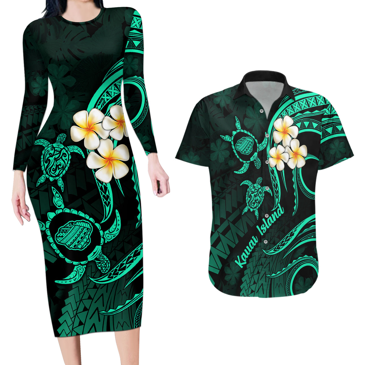 Polynesian Hawaii Couples Long Sleeve Bodycon Dress and Hawaiian Shirt Kauai Islands with Pacific Plumeria Turquoise Vibe LT9 - Wonder Print Shop
