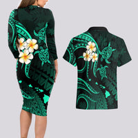 Polynesian Hawaii Couples Long Sleeve Bodycon Dress and Hawaiian Shirt Kauai Islands with Pacific Plumeria Turquoise Vibe LT9 - Wonder Print Shop