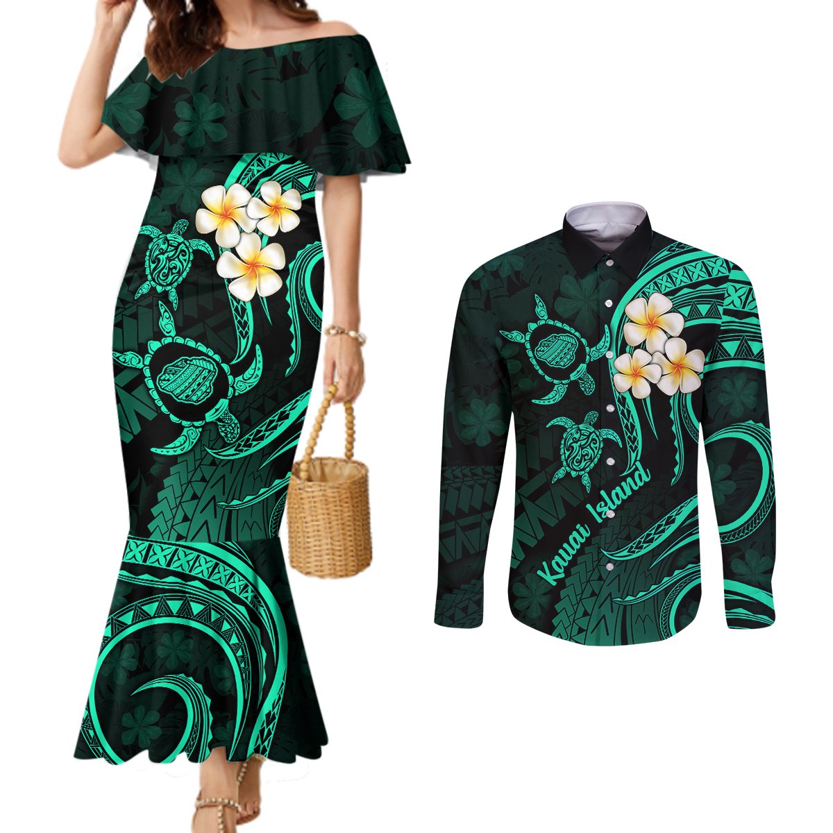 polynesian-hawaii-couples-mermaid-dress-and-long-sleeve-button-shirts-kauai-islands-with-pacific-plumeria-turquoise-vibe