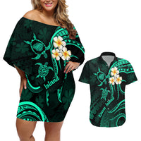 Polynesian Hawaii Couples Off Shoulder Short Dress and Hawaiian Shirt Kauai Islands with Pacific Plumeria Turquoise Vibe LT9 - Wonder Print Shop
