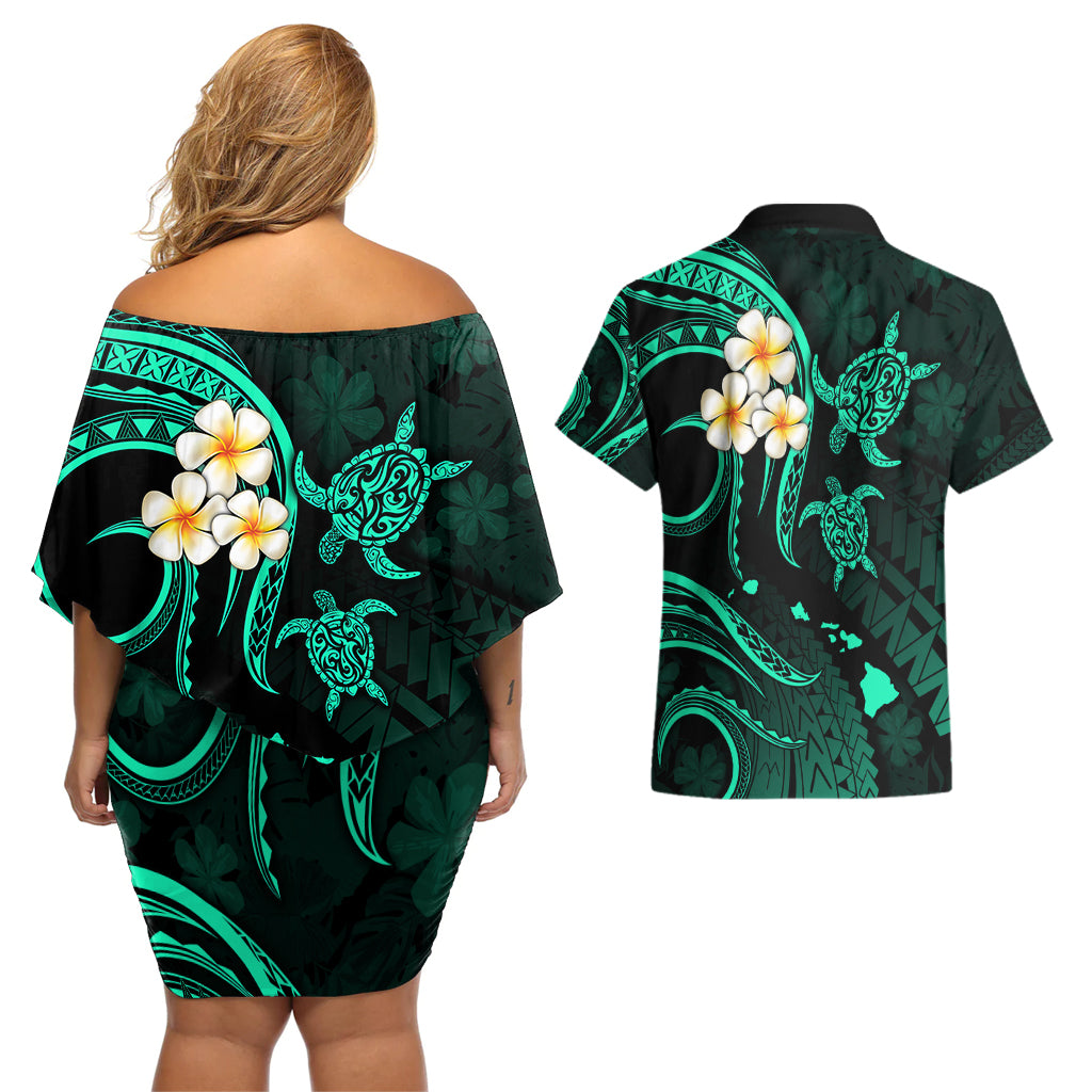 Polynesian Hawaii Couples Off Shoulder Short Dress and Hawaiian Shirt Kauai Islands with Pacific Plumeria Turquoise Vibe LT9 - Wonder Print Shop