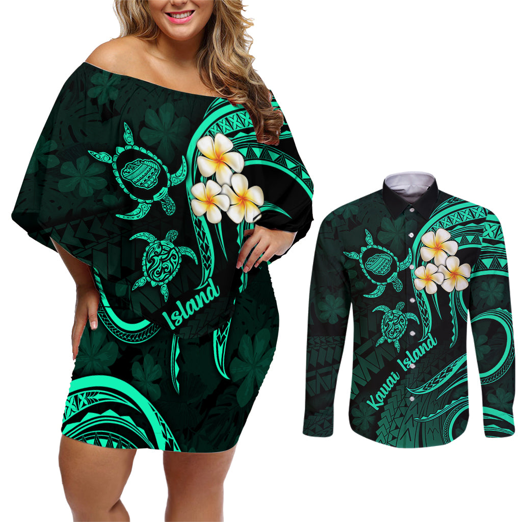 Polynesian Hawaii Couples Off Shoulder Short Dress and Long Sleeve Button Shirts Kauai Islands with Pacific Plumeria Turquoise Vibe LT9 - Wonder Print Shop