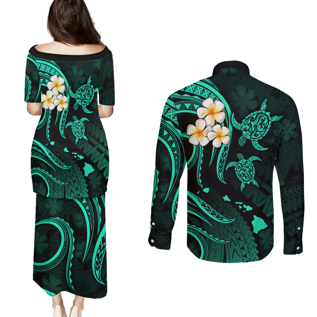 Polynesian Hawaii Couples Puletasi Dress and Long Sleeve Button Shirts Kauai Islands with Pacific Plumeria Turquoise Vibe LT9 - Wonder Print Shop
