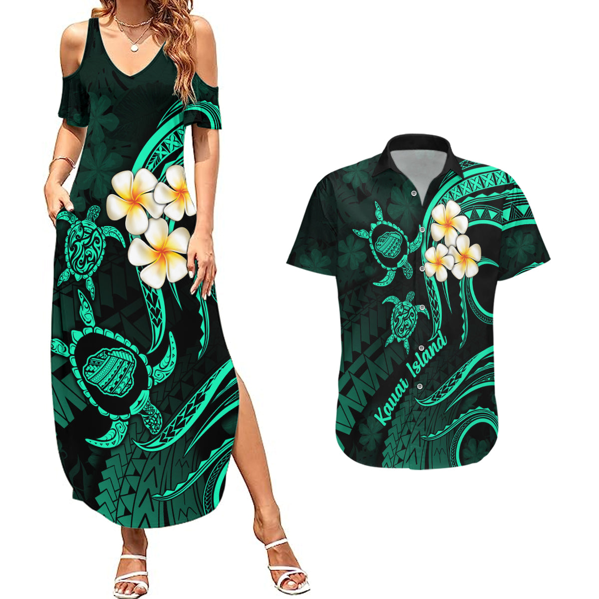 Polynesian Hawaii Couples Summer Maxi Dress and Hawaiian Shirt Kauai Islands with Pacific Plumeria Turquoise Vibe LT9 - Wonder Print Shop