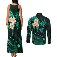 Polynesian Hawaii Couples Matching Tank Maxi Dress and Long Sleeve Button Shirts Kauai Islands with Pacific Plumeria Turquoise Vibe LT9 - Wonder Print Shop