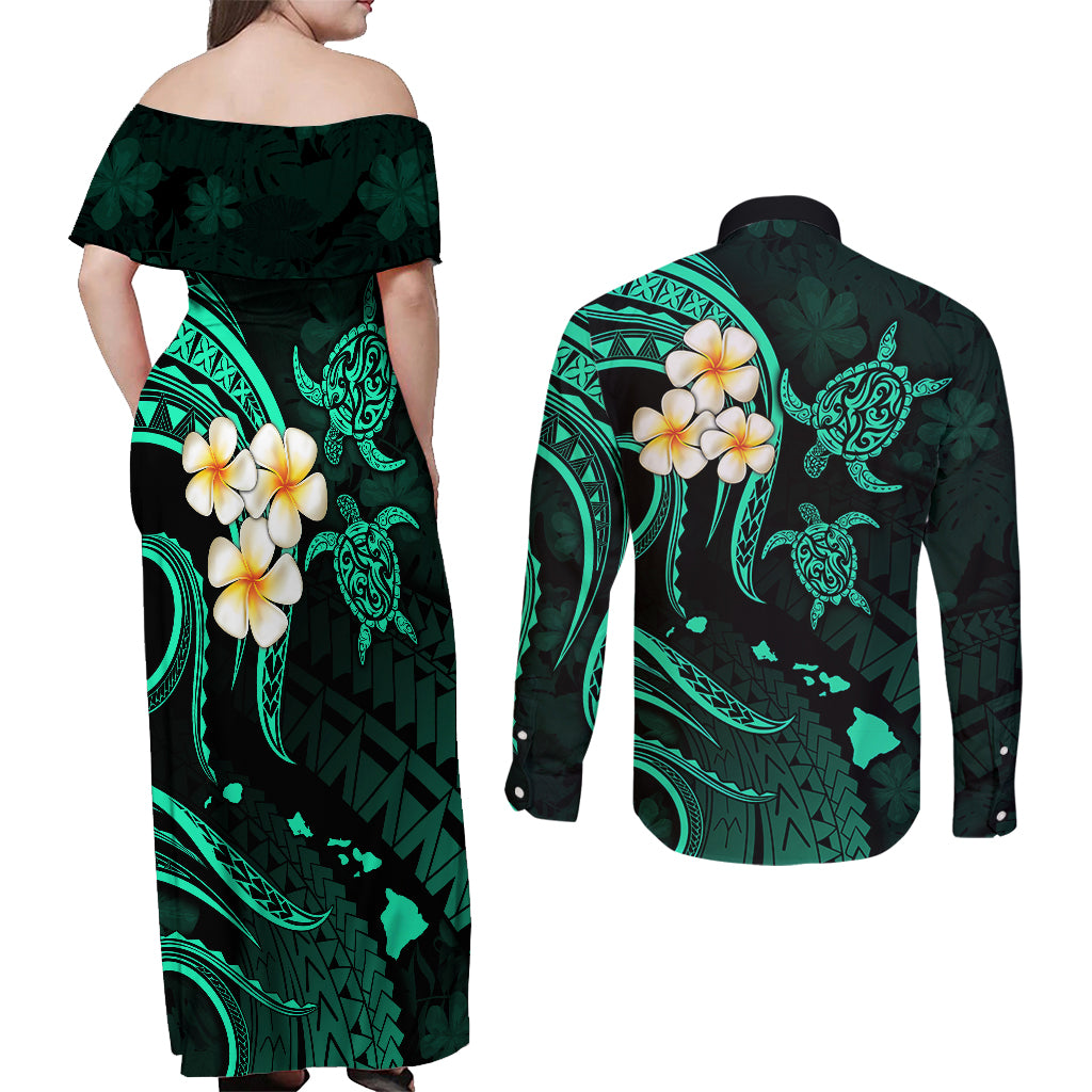 Polynesian Hawaii Couples Off Shoulder Maxi Dress and Long Sleeve Button Shirts Kauai Islands with Pacific Plumeria Turquoise Vibe LT9 - Wonder Print Shop