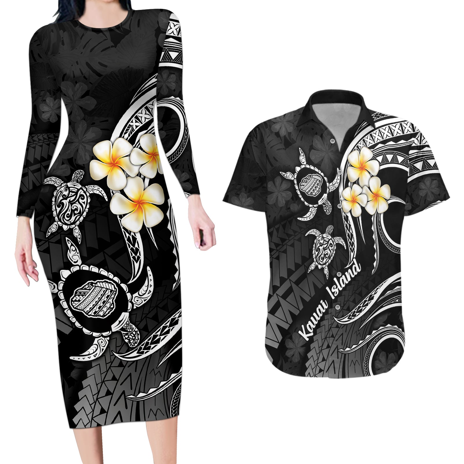Polynesian Hawaii Couples Long Sleeve Bodycon Dress and Hawaiian Shirt Kauai Islands with Pacific Plumeria White Vibe LT9 - Wonder Print Shop