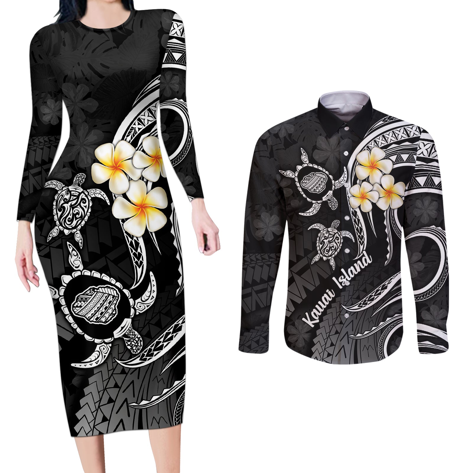 Polynesian Hawaii Couples Long Sleeve Bodycon Dress and Long Sleeve Button Shirts Kauai Islands with Pacific Plumeria White Vibe LT9 - Wonder Print Shop