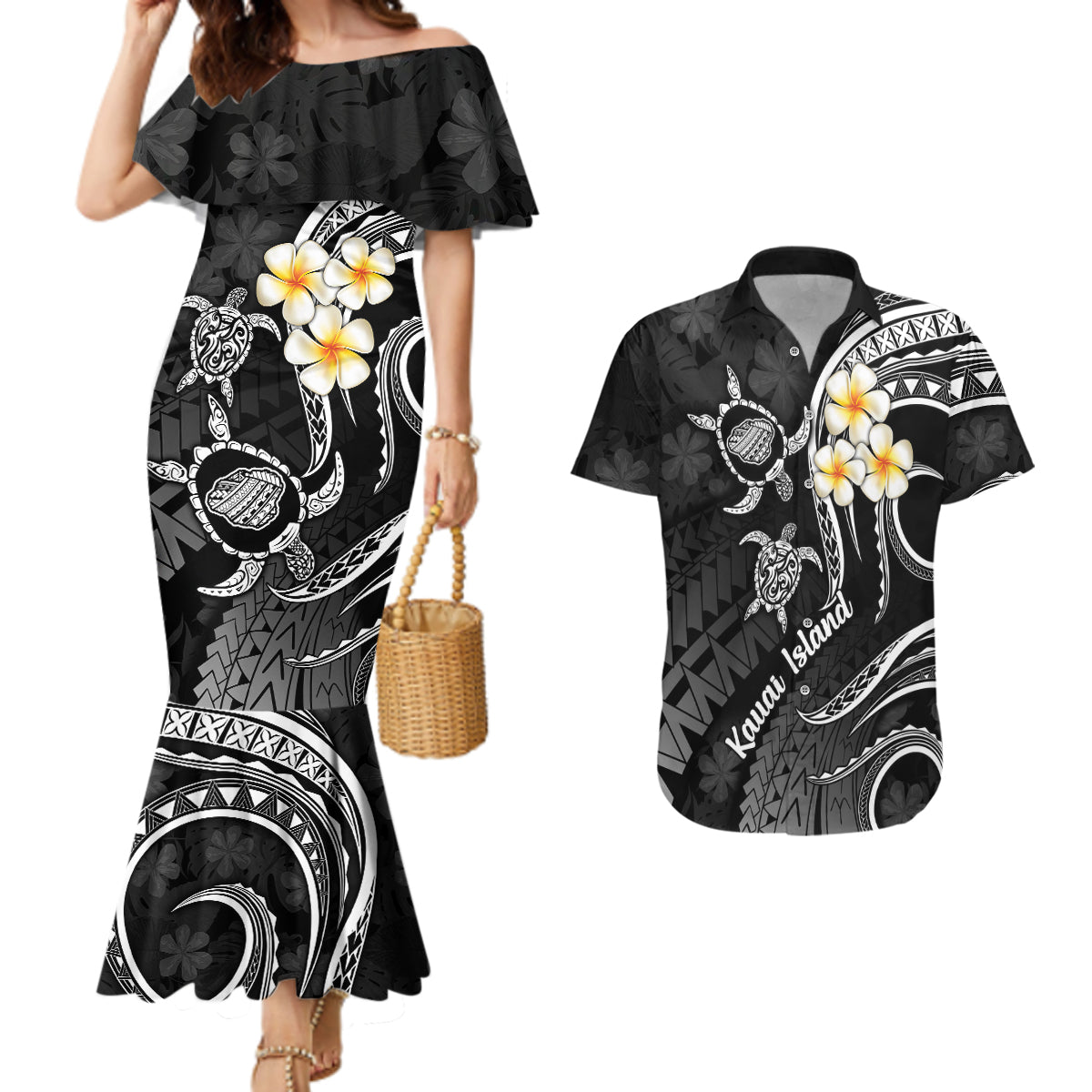 Polynesian Hawaii Couples Mermaid Dress And Hawaiian Shirt Kauai Islands with Pacific Plumeria White Vibe LT9 - Wonder Print Shop