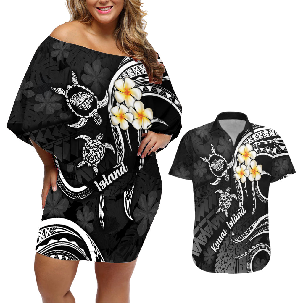 Polynesian Hawaii Couples Off Shoulder Short Dress and Hawaiian Shirt Kauai Islands with Pacific Plumeria White Vibe LT9 - Wonder Print Shop