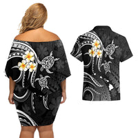 Polynesian Hawaii Couples Off Shoulder Short Dress and Hawaiian Shirt Kauai Islands with Pacific Plumeria White Vibe LT9 - Wonder Print Shop