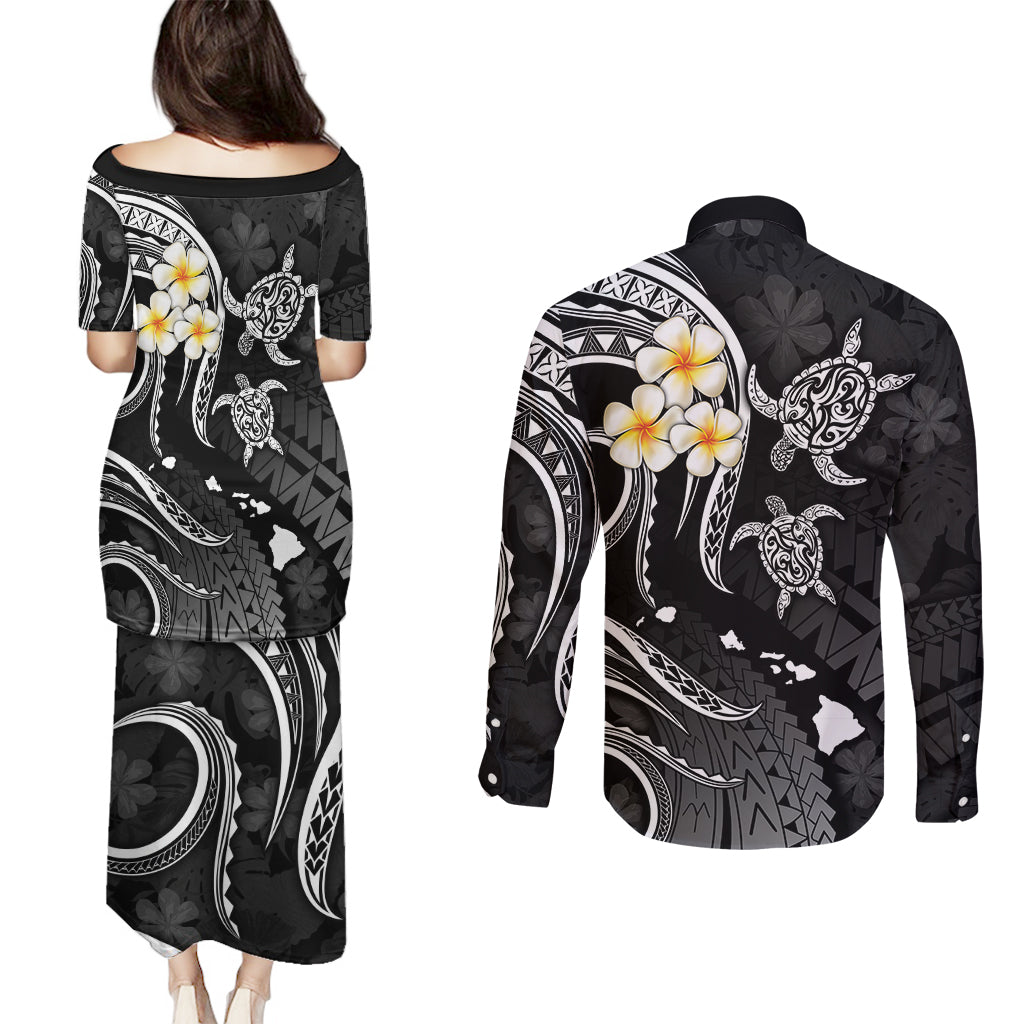 Polynesian Hawaii Couples Puletasi Dress and Long Sleeve Button Shirts Kauai Islands with Pacific Plumeria White Vibe LT9 - Wonder Print Shop