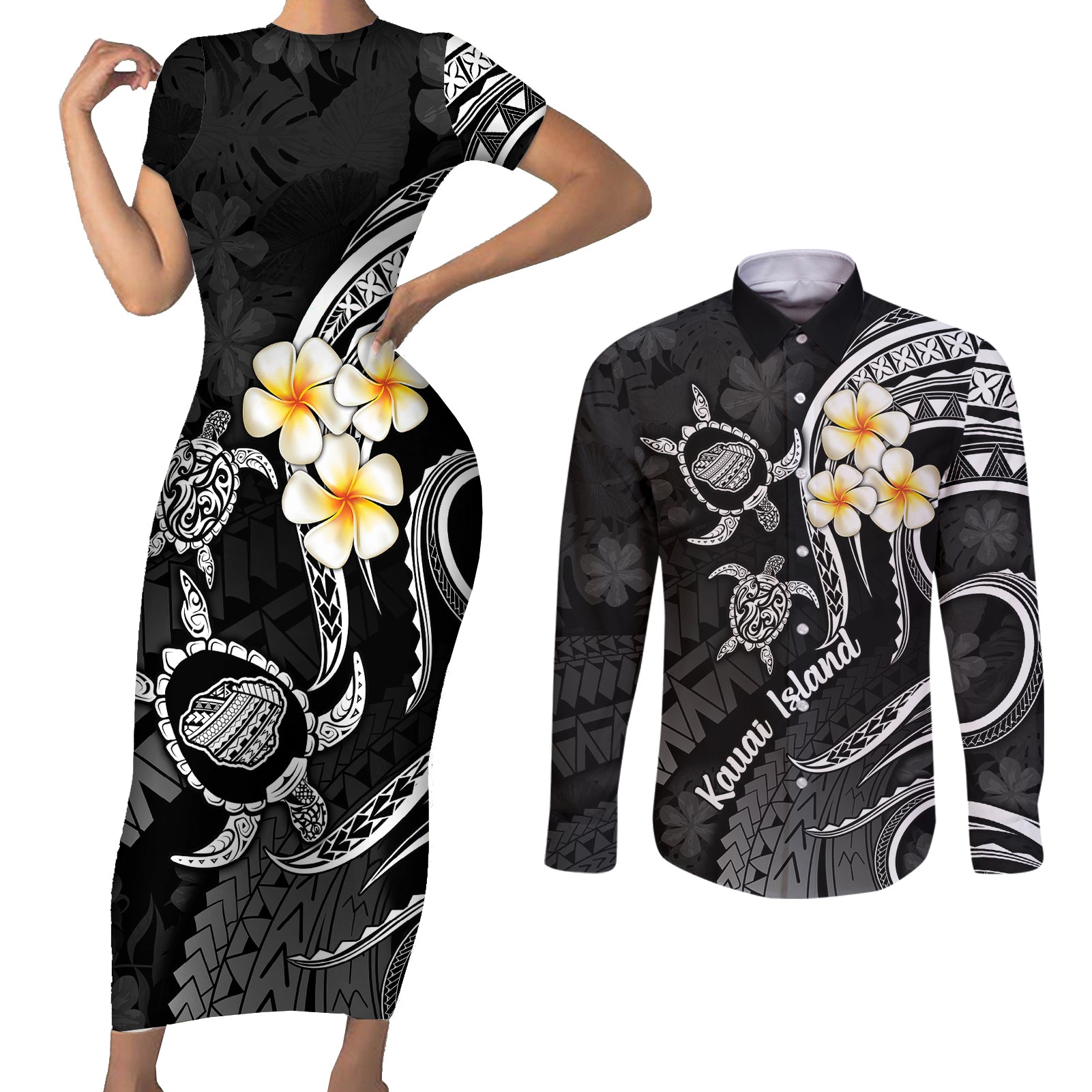 Polynesian Hawaii Couples Short Sleeve Bodycon Dress and Long Sleeve Button Shirts Kauai Islands with Pacific Plumeria White Vibe LT9 - Wonder Print Shop