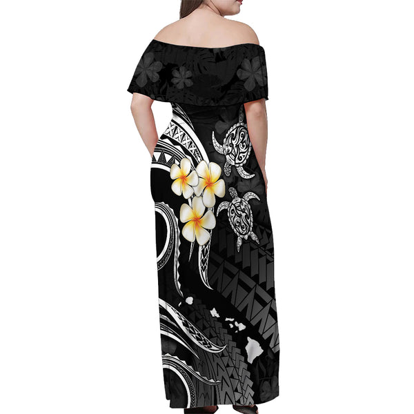 Hawaii Off Shoulder Maxi Dress Niihau Islands Polynesian Sunset Plumeria Blue Vibe LT9