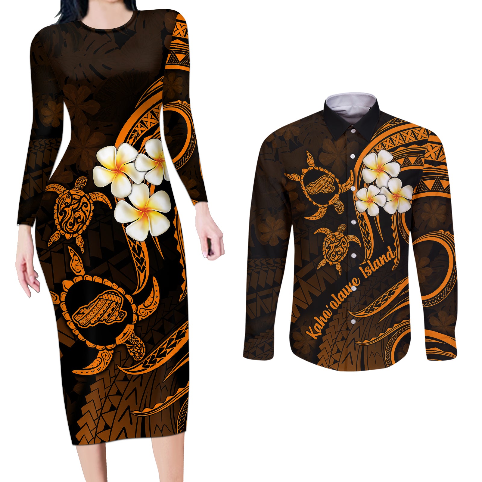Hawaii Couples Long Sleeve Bodycon Dress and Long Sleeve Button Shirts Kahoolawe Islands Polynesian Sunset Plumeria Gold Vibe LT9 - Wonder Print Shop