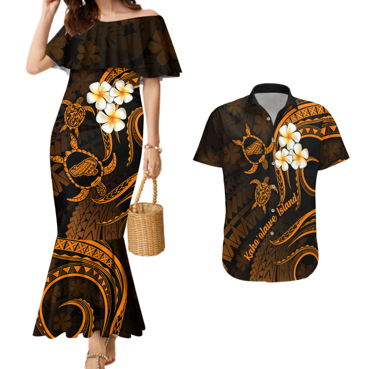 Hawaii Couples Mermaid Dress And Hawaiian Shirt Kahoolawe Islands Polynesian Sunset Plumeria Gold Vibe LT9 - Wonder Print Shop