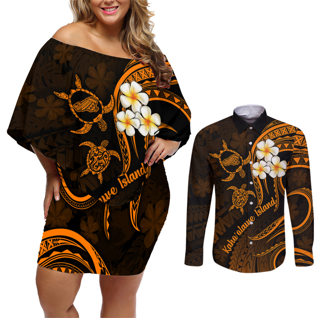 Hawaii Couples Off Shoulder Short Dress and Long Sleeve Button Shirts Kahoolawe Islands Polynesian Sunset Plumeria Gold Vibe LT9 - Wonder Print Shop