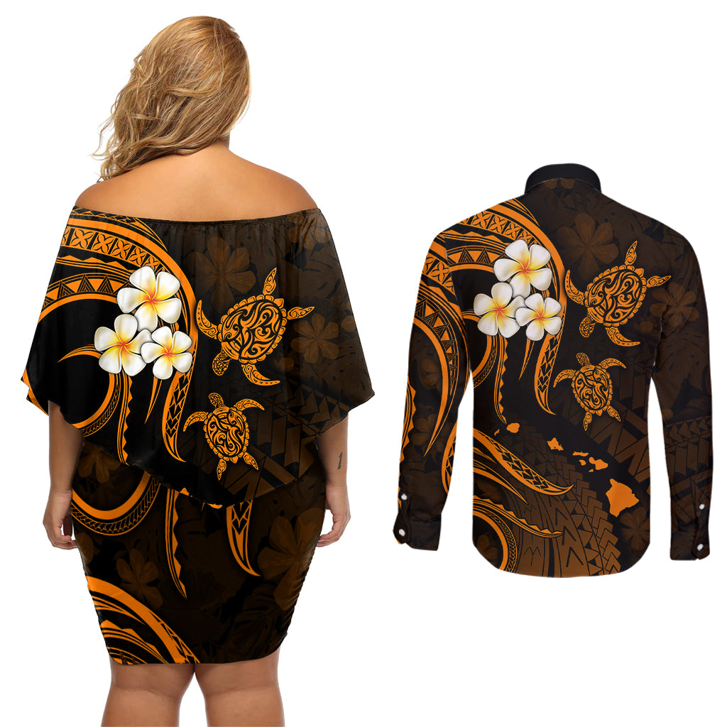 Hawaii Couples Off Shoulder Short Dress and Long Sleeve Button Shirts Kahoolawe Islands Polynesian Sunset Plumeria Gold Vibe LT9 - Wonder Print Shop