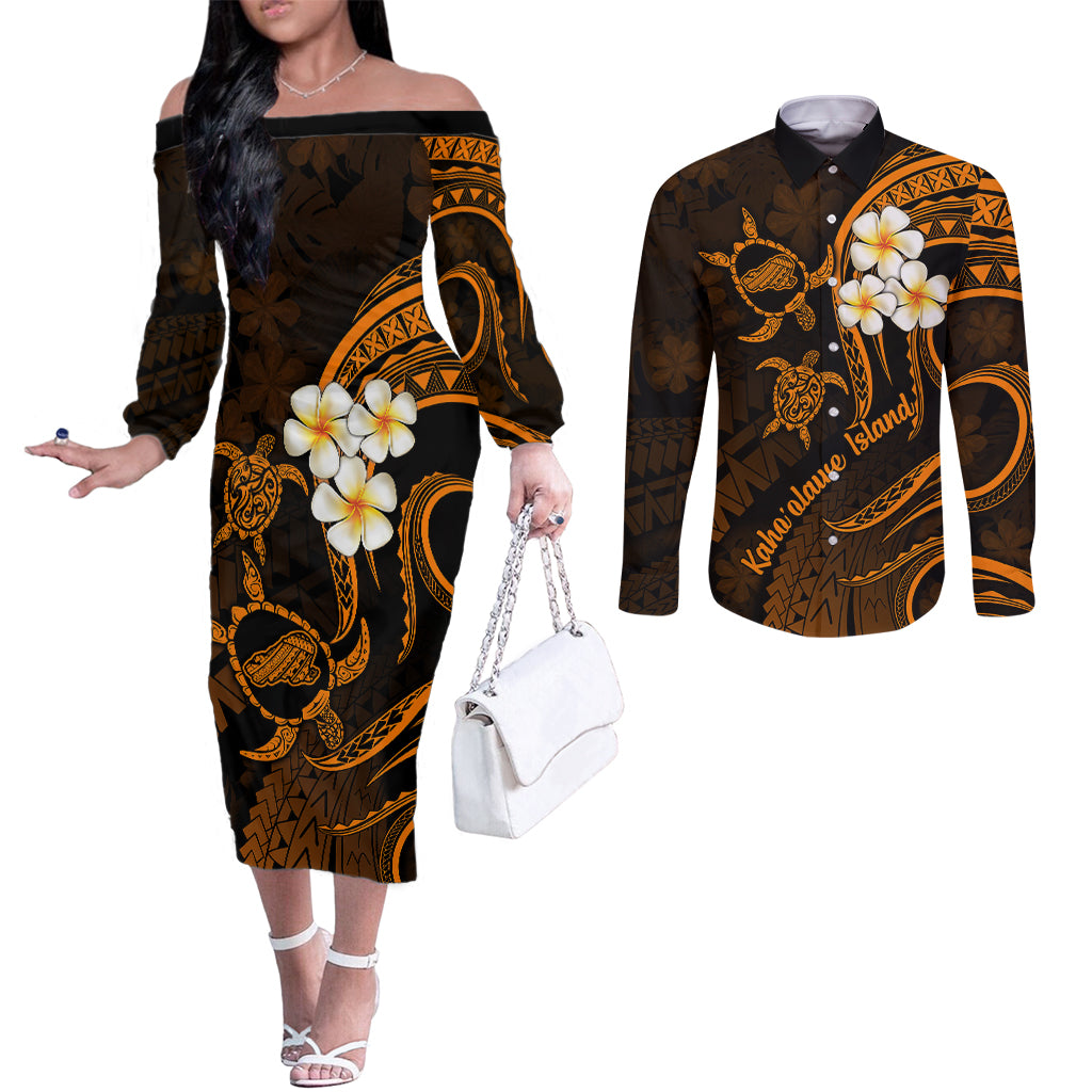 hawaii-couples-off-the-shoulder-long-sleeve-dress-and-long-sleeve-button-shirts-kahoolawe-islands-polynesian-sunset-plumeria-gold-vibe