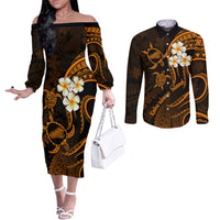 hawaii-couples-off-the-shoulder-long-sleeve-dress-and-long-sleeve-button-shirts-kahoolawe-islands-polynesian-sunset-plumeria-gold-vibe