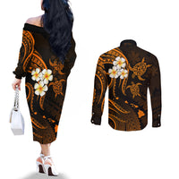 hawaii-couples-off-the-shoulder-long-sleeve-dress-and-long-sleeve-button-shirts-kahoolawe-islands-polynesian-sunset-plumeria-gold-vibe