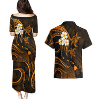 Hawaii Couples Puletasi Dress and Hawaiian Shirt Kahoolawe Islands Polynesian Sunset Plumeria Gold Vibe LT9 - Wonder Print Shop