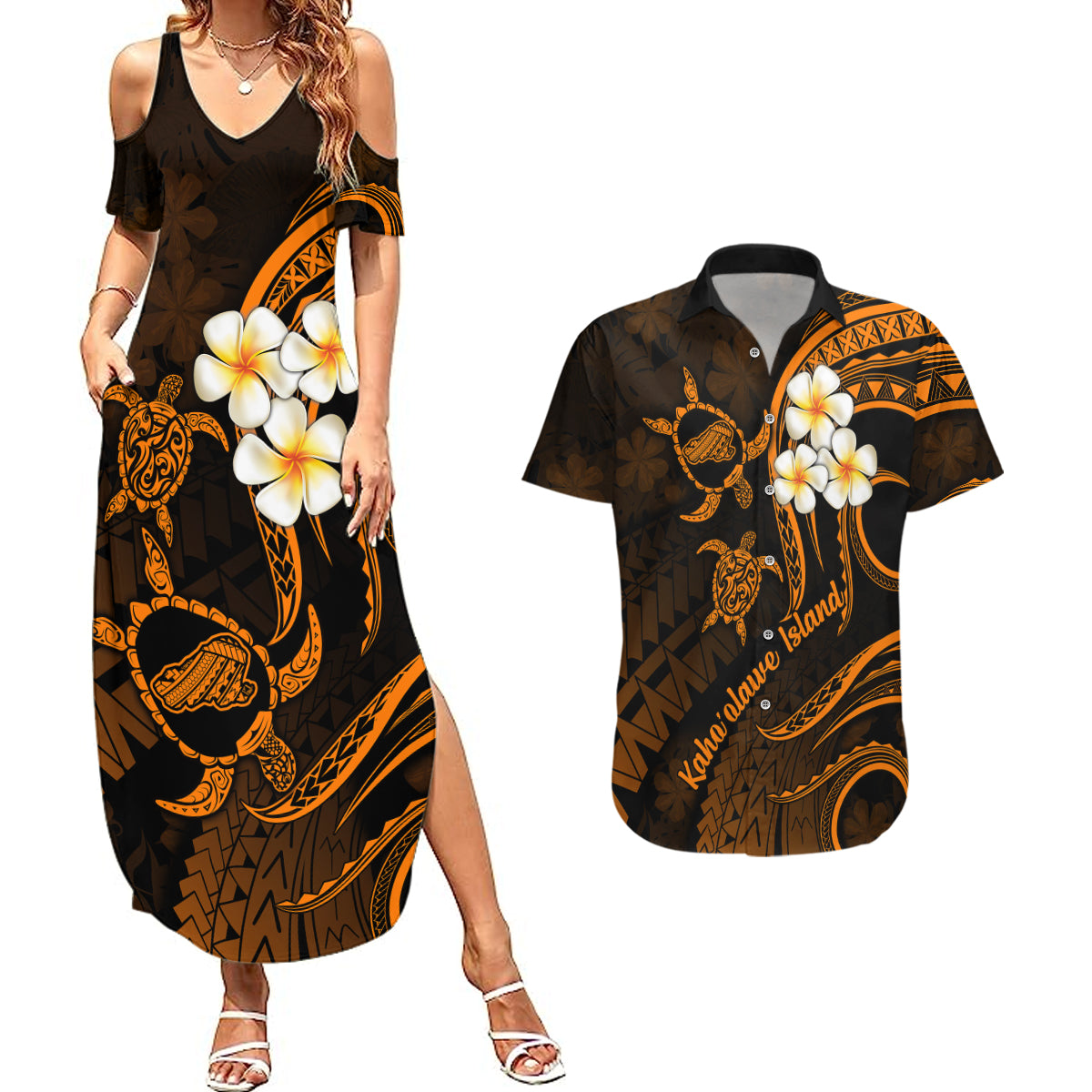Hawaii Couples Summer Maxi Dress and Hawaiian Shirt Kahoolawe Islands Polynesian Sunset Plumeria Gold Vibe LT9 - Wonder Print Shop