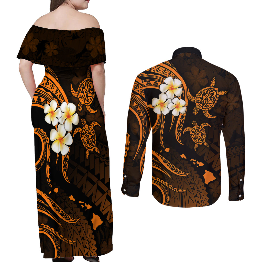 Hawaii Couples Off Shoulder Maxi Dress and Long Sleeve Button Shirts Kahoolawe Islands Polynesian Sunset Plumeria Gold Vibe LT9 - Wonder Print Shop