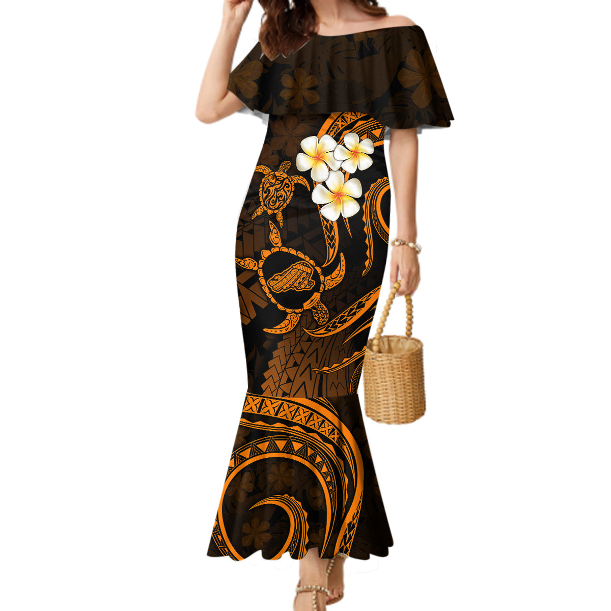 Hawaii Mermaid Dress Kahoolawe Islands Polynesian Sunset Plumeria Gold Vibe - Wonder Print Shop