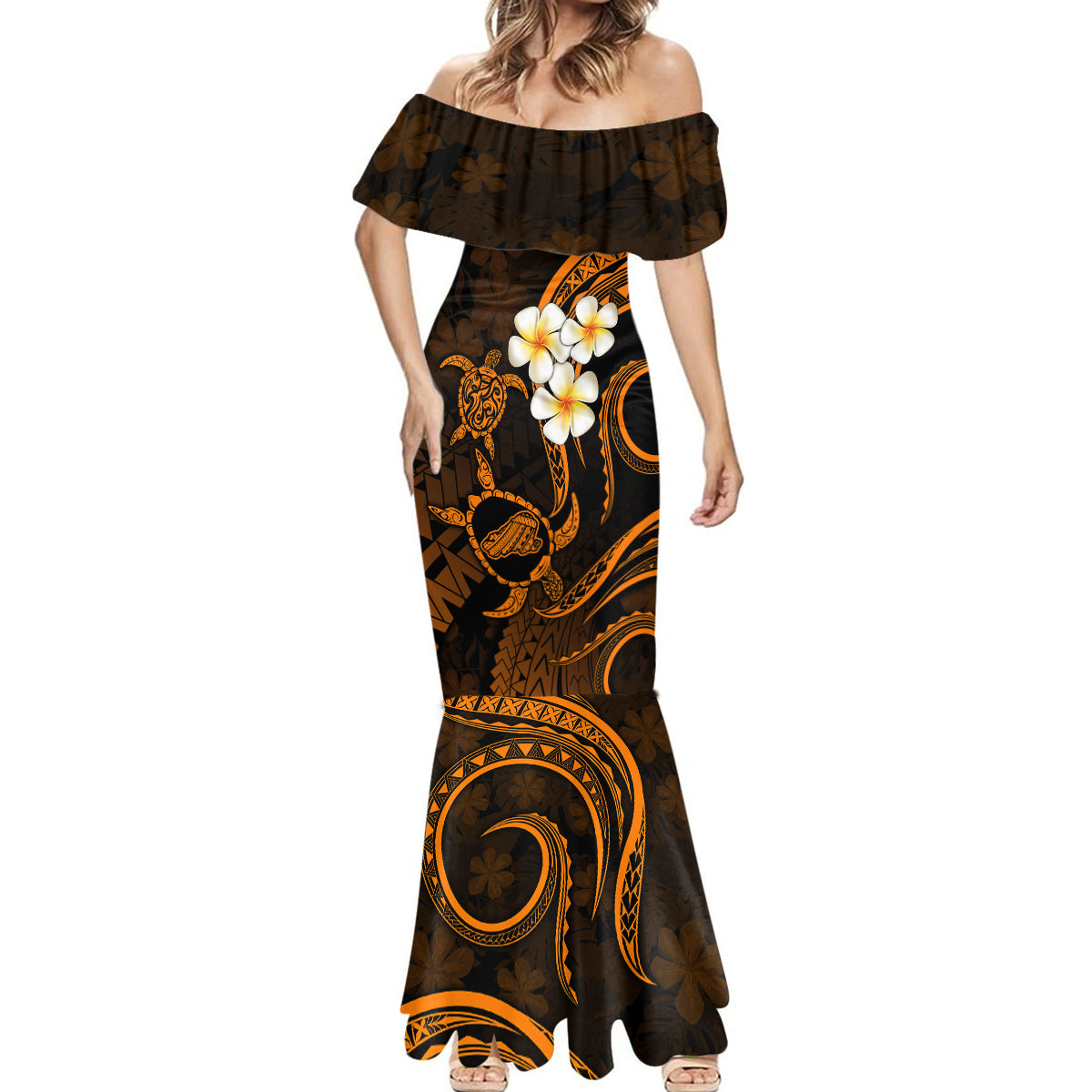 Hawaii Mermaid Dress Kahoolawe Islands Polynesian Sunset Plumeria Gold Vibe - Wonder Print Shop