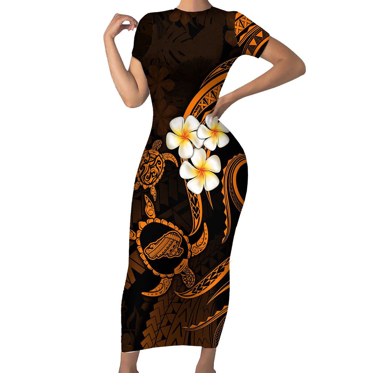 Hawaii Short Sleeve Bodycon Dress Kahoolawe Islands Polynesian Sunset Plumeria Gold Vibe - Wonder Print Shop