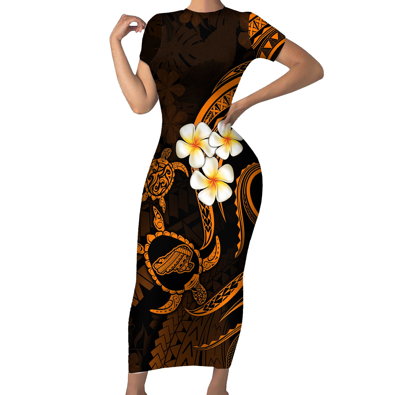 Hawaii Short Sleeve Bodycon Dress Kahoolawe Islands Polynesian Sunset Plumeria Gold Vibe - Wonder Print Shop