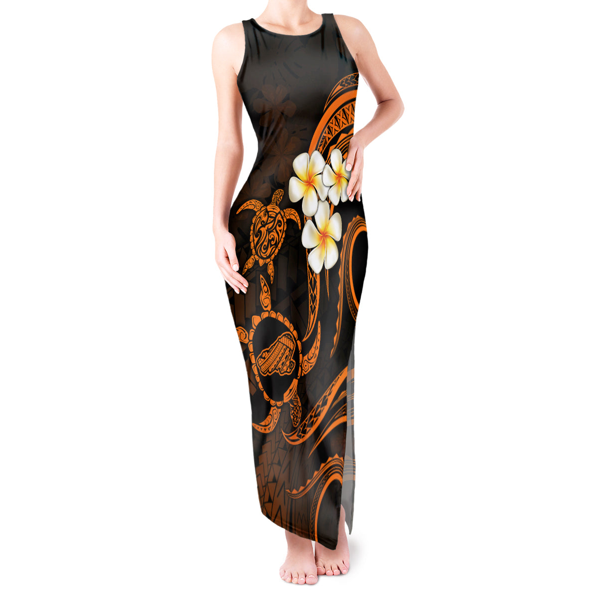 Hawaii Tank Maxi Dress Kahoolawe Islands Polynesian Sunset Plumeria Gold Vibe - Wonder Print Shop