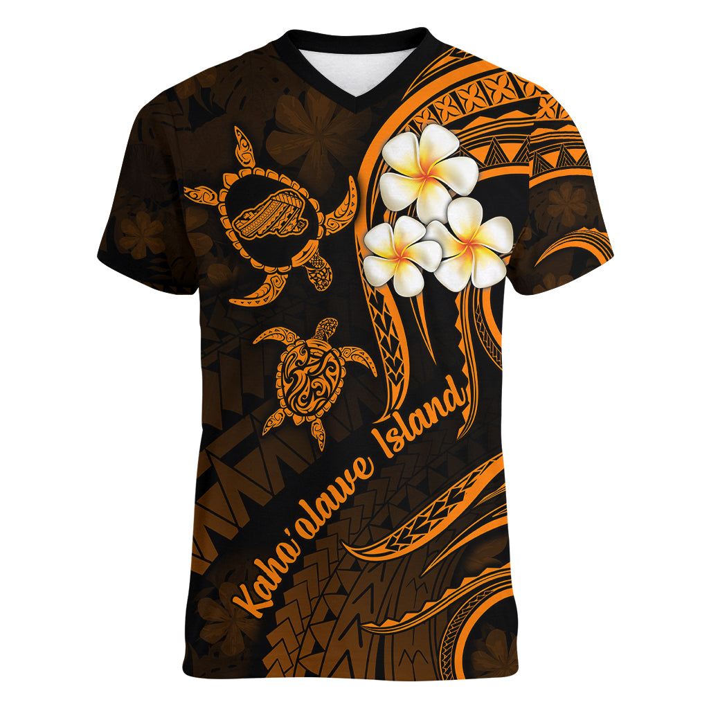 Hawaii Women V Neck T Shirt Kahoolawe Islands Polynesian Sunset Plumeria Gold Vibe - Wonder Print Shop