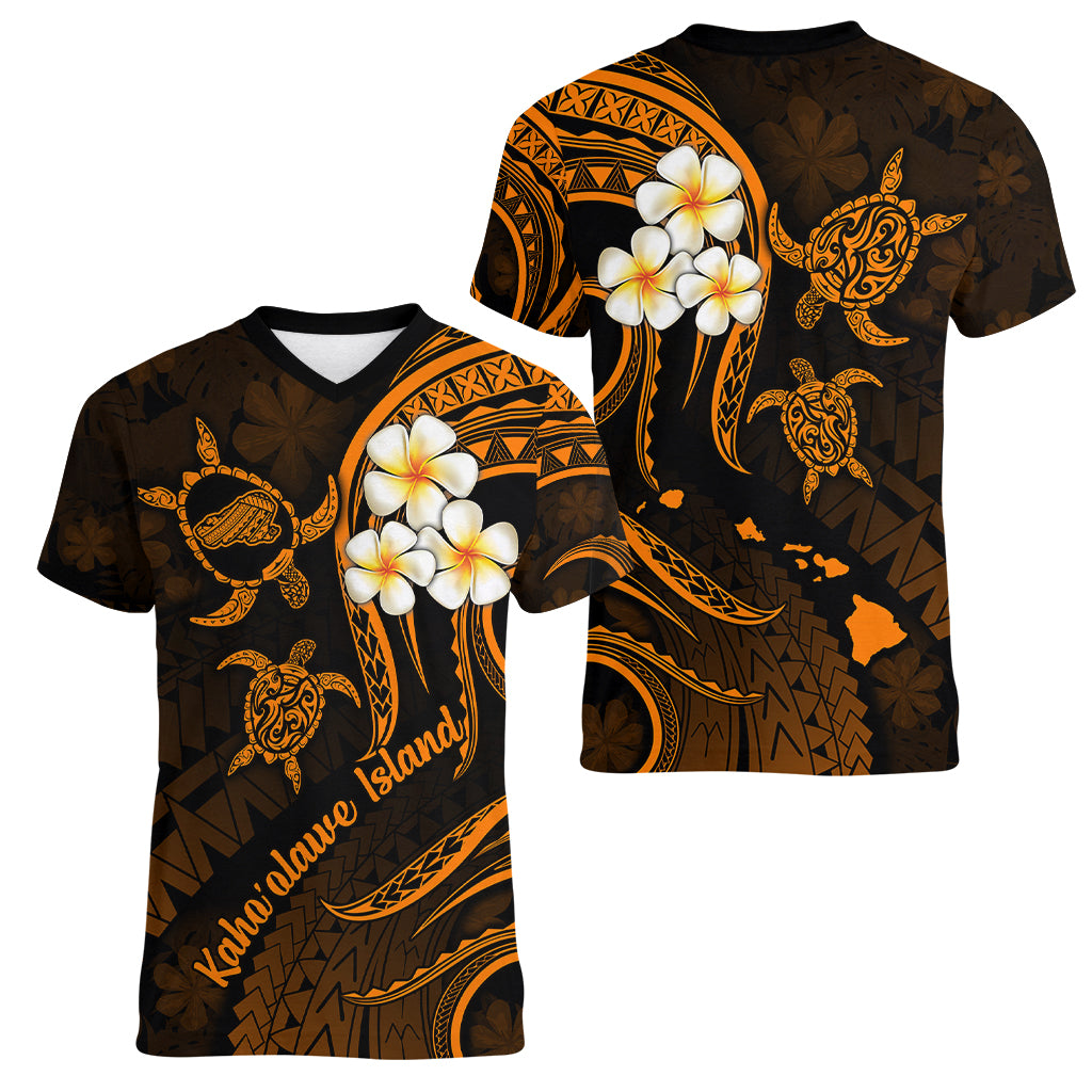 Hawaii Women V Neck T Shirt Kahoolawe Islands Polynesian Sunset Plumeria Gold Vibe - Wonder Print Shop