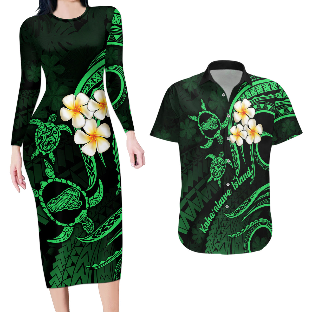 Hawaii Couples Long Sleeve Bodycon Dress and Hawaiian Shirt Kahoolawe Islands Polynesian Sunset Plumeria Green Vibe LT9 - Wonder Print Shop