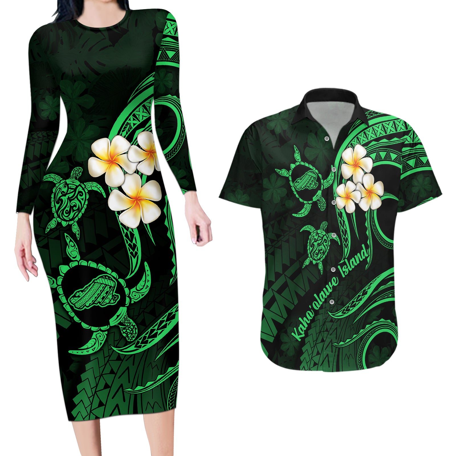 Hawaii Couples Long Sleeve Bodycon Dress and Hawaiian Shirt Kahoolawe Islands Polynesian Sunset Plumeria Green Vibe LT9 - Wonder Print Shop