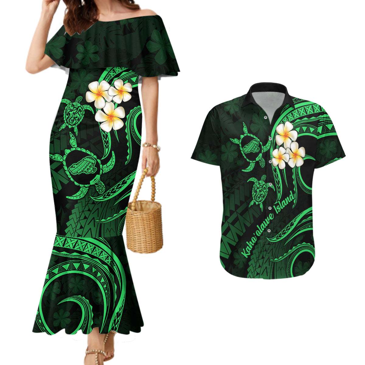 Hawaii Couples Mermaid Dress And Hawaiian Shirt Kahoolawe Islands Polynesian Sunset Plumeria Green Vibe LT9 - Wonder Print Shop