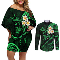 Hawaii Couples Off Shoulder Short Dress and Long Sleeve Button Shirts Kahoolawe Islands Polynesian Sunset Plumeria Green Vibe LT9 - Wonder Print Shop