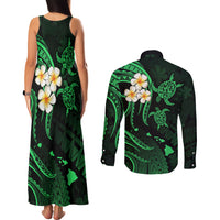Hawaii Couples Matching Tank Maxi Dress and Long Sleeve Button Shirts Kahoolawe Islands Polynesian Sunset Plumeria Green Vibe LT9 - Wonder Print Shop