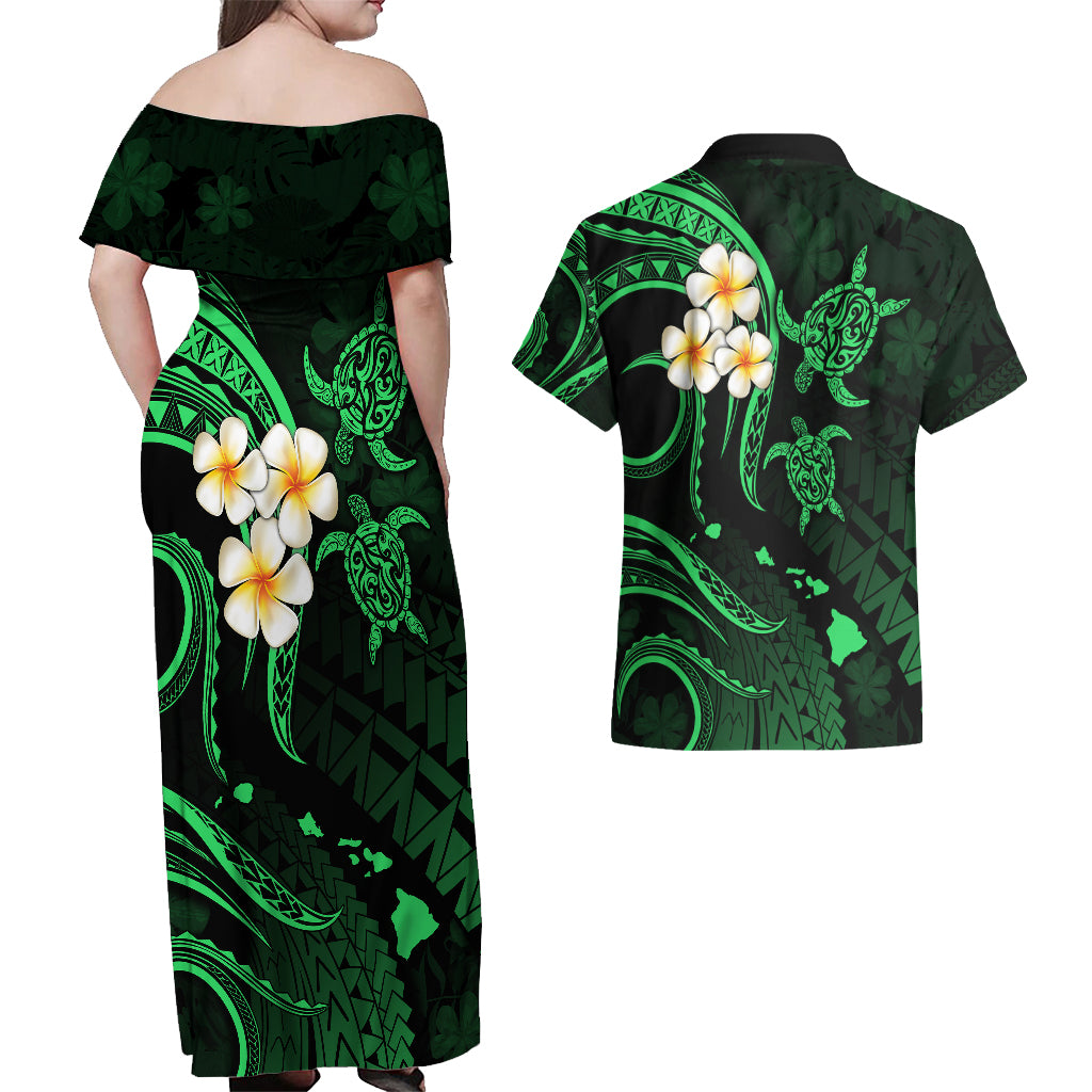 Hawaii Couples Off Shoulder Maxi Dress and Hawaiian Shirt Kahoolawe Islands Polynesian Sunset Plumeria Green Vibe LT9 - Wonder Print Shop