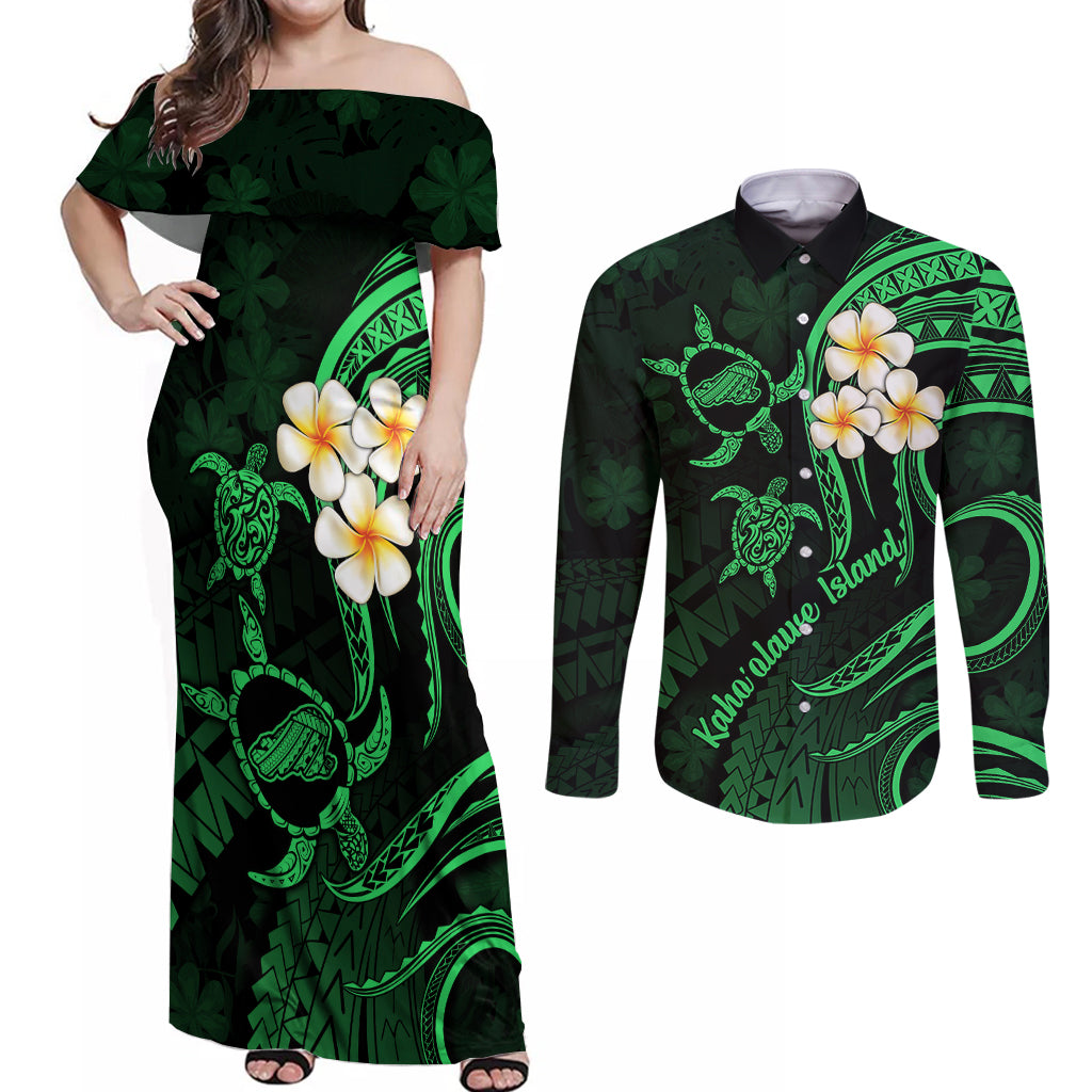 Hawaii Couples Off Shoulder Maxi Dress and Long Sleeve Button Shirts Kahoolawe Islands Polynesian Sunset Plumeria Green Vibe LT9 - Wonder Print Shop