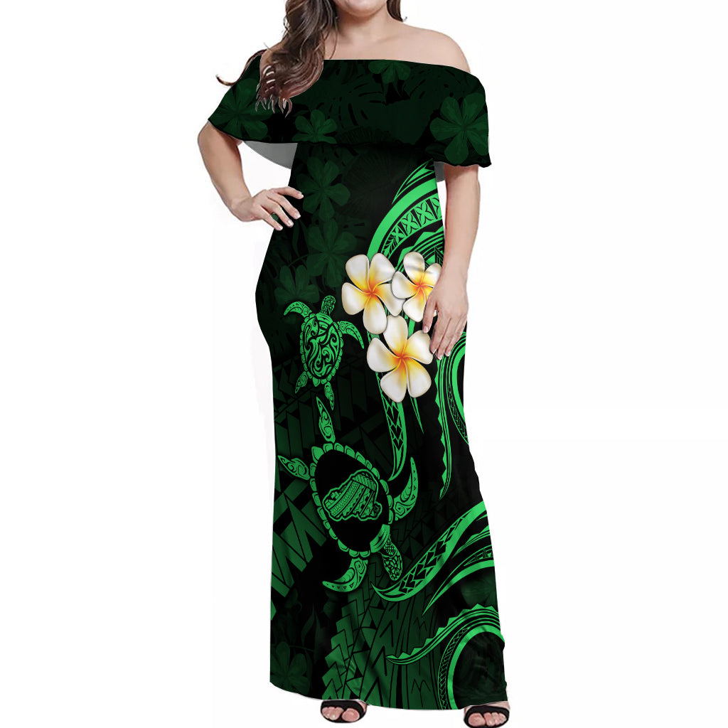 Hawaii Off Shoulder Maxi Dress Kahoolawe Islands Polynesian Sunset Plumeria Green Vibe - Wonder Print Shop