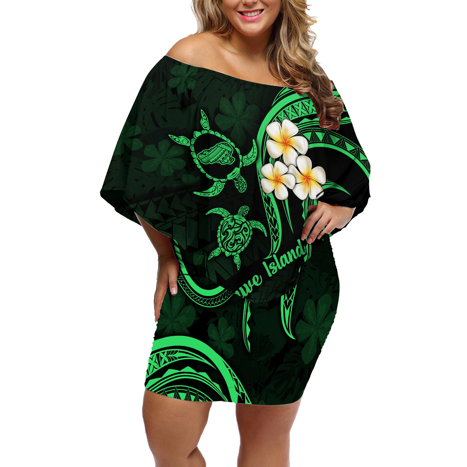 Hawaii Off Shoulder Short Dress Kahoolawe Islands Polynesian Sunset Plumeria Green Vibe - Wonder Print Shop