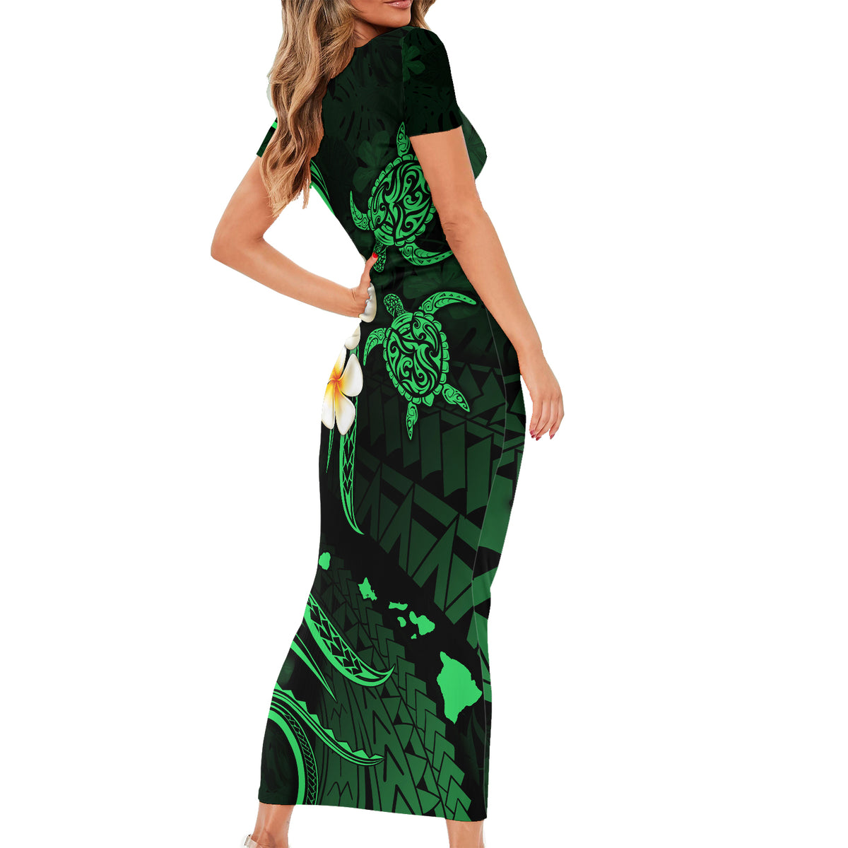 Hawaii Short Sleeve Bodycon Dress Kahoolawe Islands Polynesian Sunset Plumeria Green Vibe - Wonder Print Shop