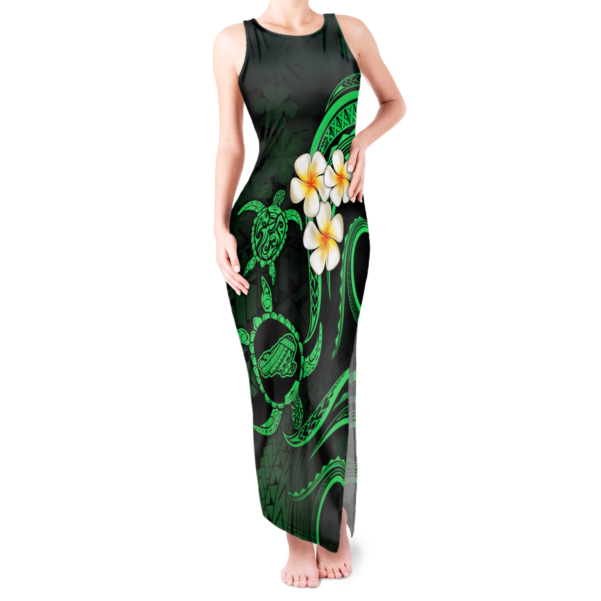 Hawaii Tank Maxi Dress Kahoolawe Islands Polynesian Sunset Plumeria Green Vibe - Wonder Print Shop