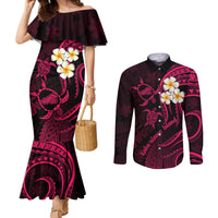 hawaii-couples-mermaid-dress-and-long-sleeve-button-shirts-kahoolawe-islands-polynesian-sunset-plumeria-pink-vibe