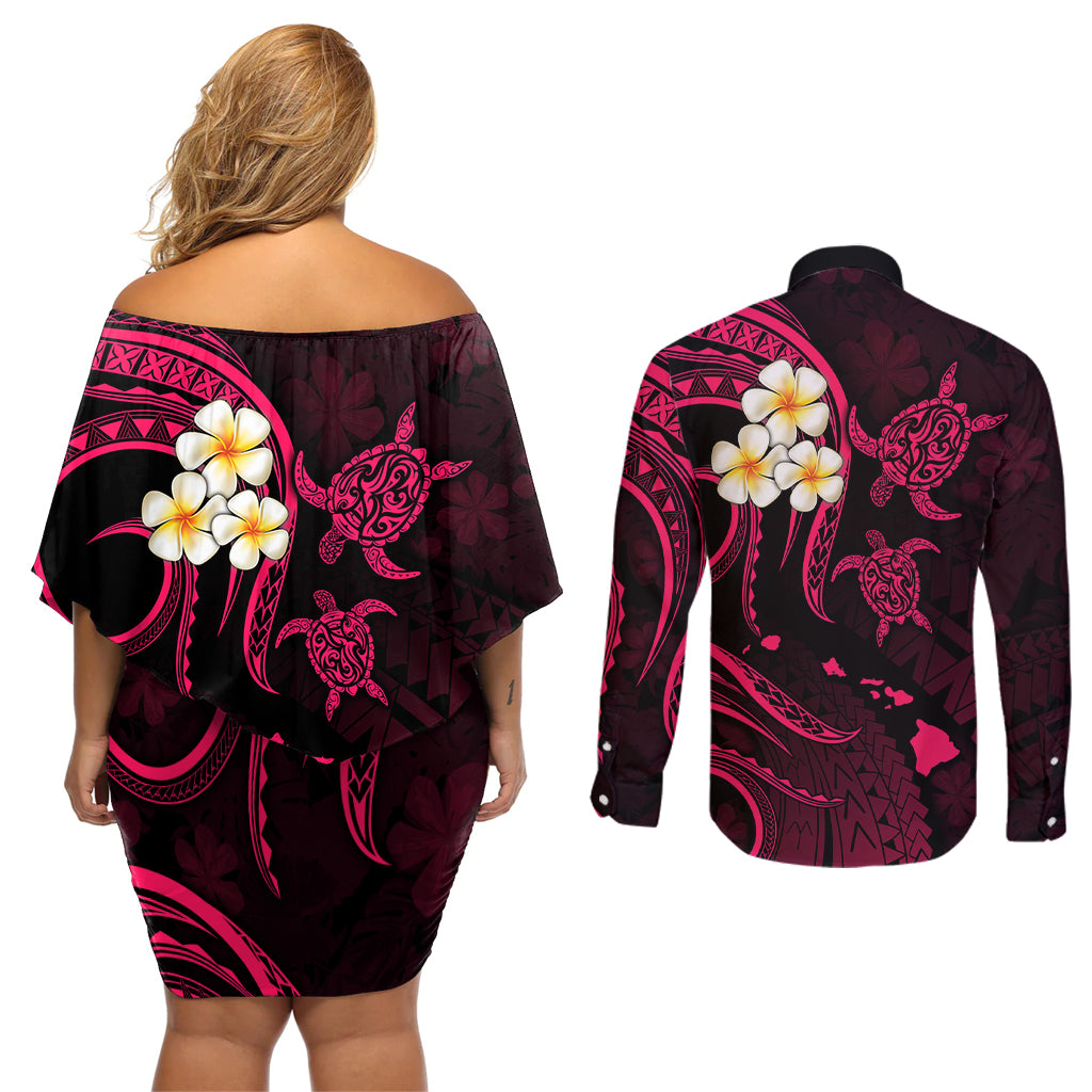 Hawaii Couples Off Shoulder Short Dress and Long Sleeve Button Shirts Kahoolawe Islands Polynesian Sunset Plumeria Pink Vibe LT9 - Wonder Print Shop